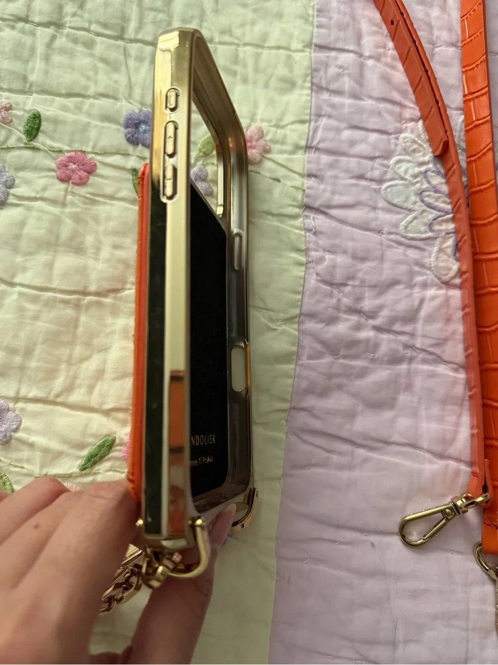 Bandolier Orange Croc-Embossed Gold-Accent Phone case and pouch Crossbody .
